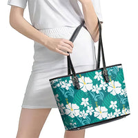 Teal Hawaiian Hibiscus Monstera Leather Tote Bag Grunge Stylized LT01 - Polynesian Pride