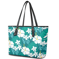 Teal Hawaiian Hibiscus Monstera Leather Tote Bag Grunge Stylized LT01 - Polynesian Pride