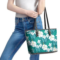 Teal Hawaiian Hibiscus Monstera Leather Tote Bag Grunge Stylized LT01 - Polynesian Pride