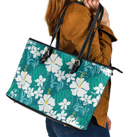 Teal Hawaiian Hibiscus Monstera Leather Tote Bag Grunge Stylized LT01 - Polynesian Pride