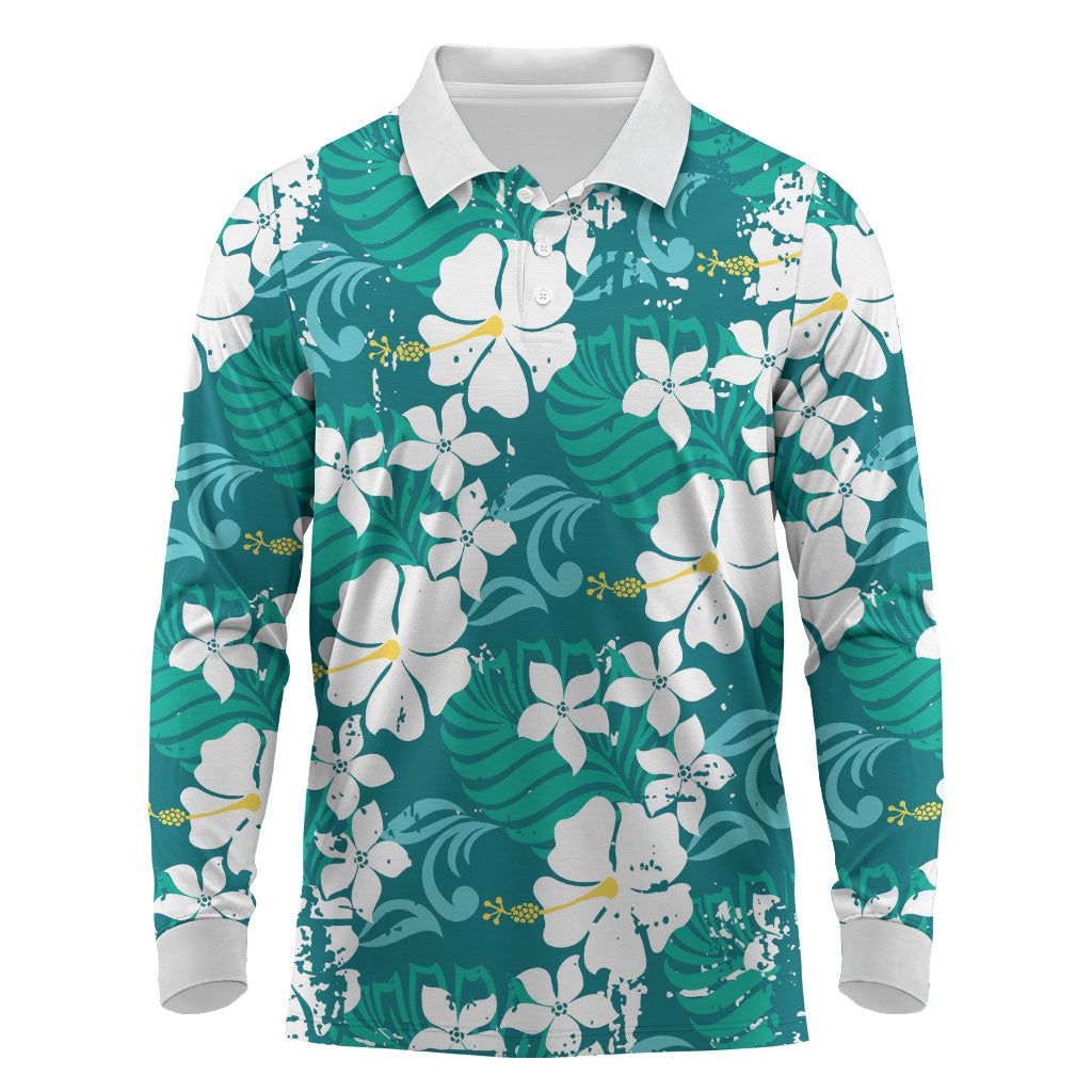 Teal Hawaiian Hibiscus Monstera Long Sleeve Polo Shirt Grunge Stylized LT01 Teal - Polynesian Pride