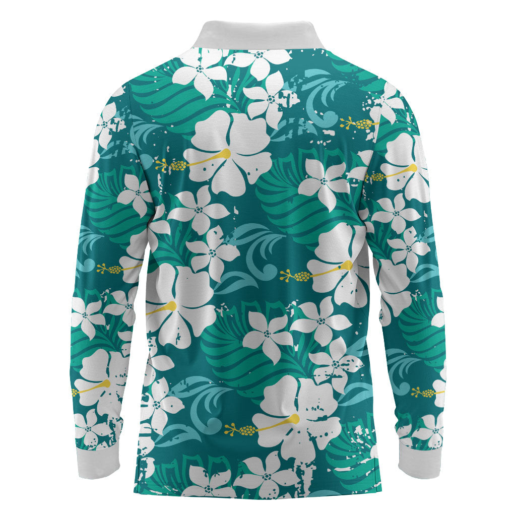 Teal Hawaiian Hibiscus Monstera Long Sleeve Polo Shirt Grunge Stylized LT01 - Polynesian Pride