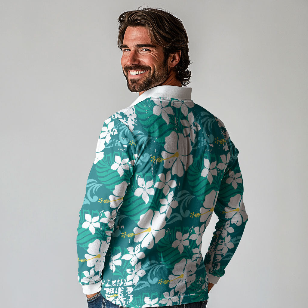 Teal Hawaiian Hibiscus Monstera Long Sleeve Polo Shirt Grunge Stylized LT01 - Polynesian Pride