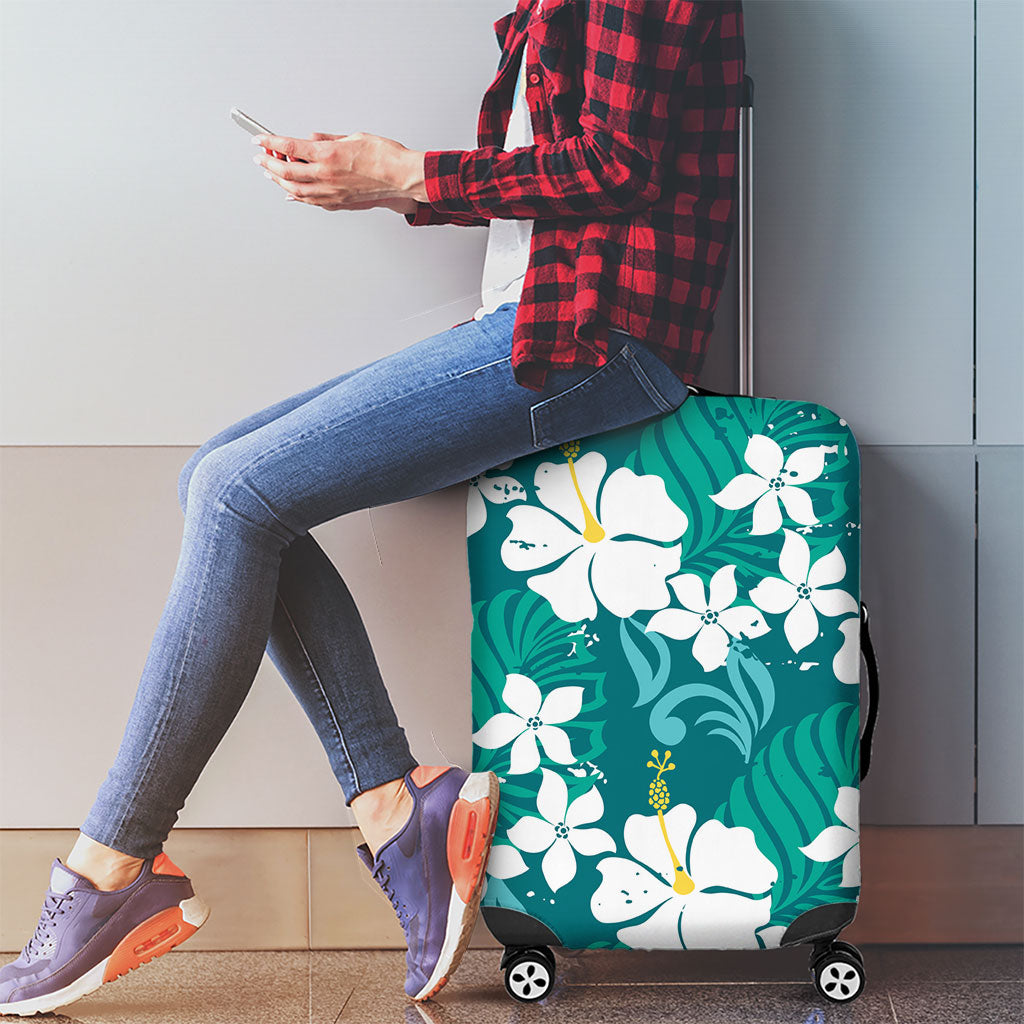 Teal Hawaiian Hibiscus Monstera Luggage Cover Grunge Stylized LT01 - Polynesian Pride