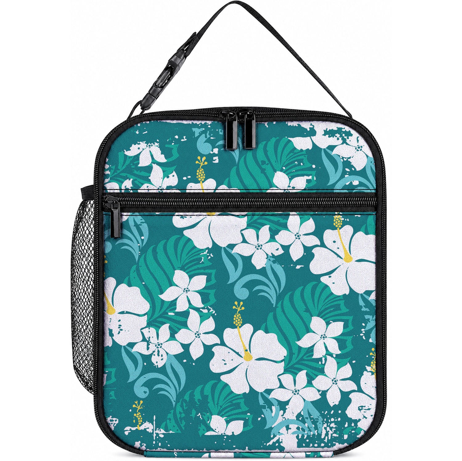 Teal Hawaiian Hibiscus Monstera Lunch Bag Grunge Stylized LT01 10.2 × 8.3 × 4.3 inch Teal - Polynesian Pride