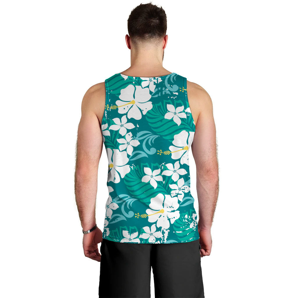Teal Hawaiian Hibiscus Monstera Men Tank Top Grunge Stylized LT01 - Polynesian Pride