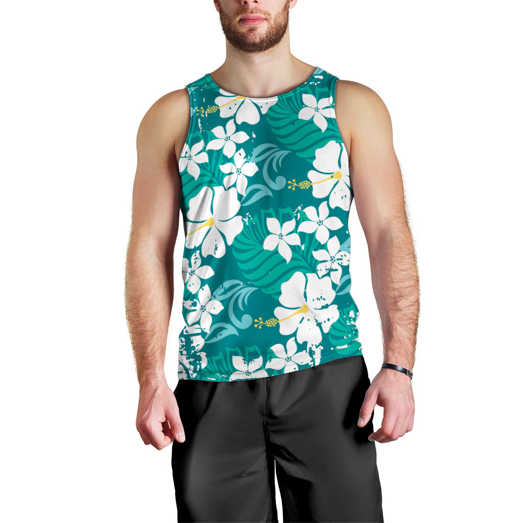 Teal Hawaiian Hibiscus Monstera Men Tank Top Grunge Stylized LT01 - Polynesian Pride