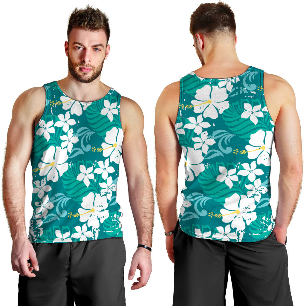 Teal Hawaiian Hibiscus Monstera Men Tank Top Grunge Stylized LT01 - Polynesian Pride