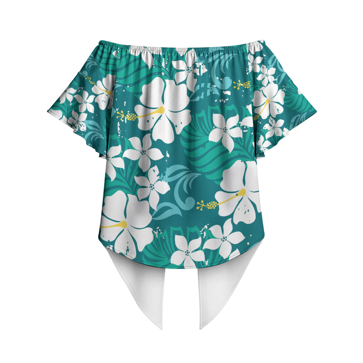Teal Hawaiian Hibiscus Monstera Off Shoulder Wrap Waist Top Grunge Stylized LT01 - Polynesian Pride