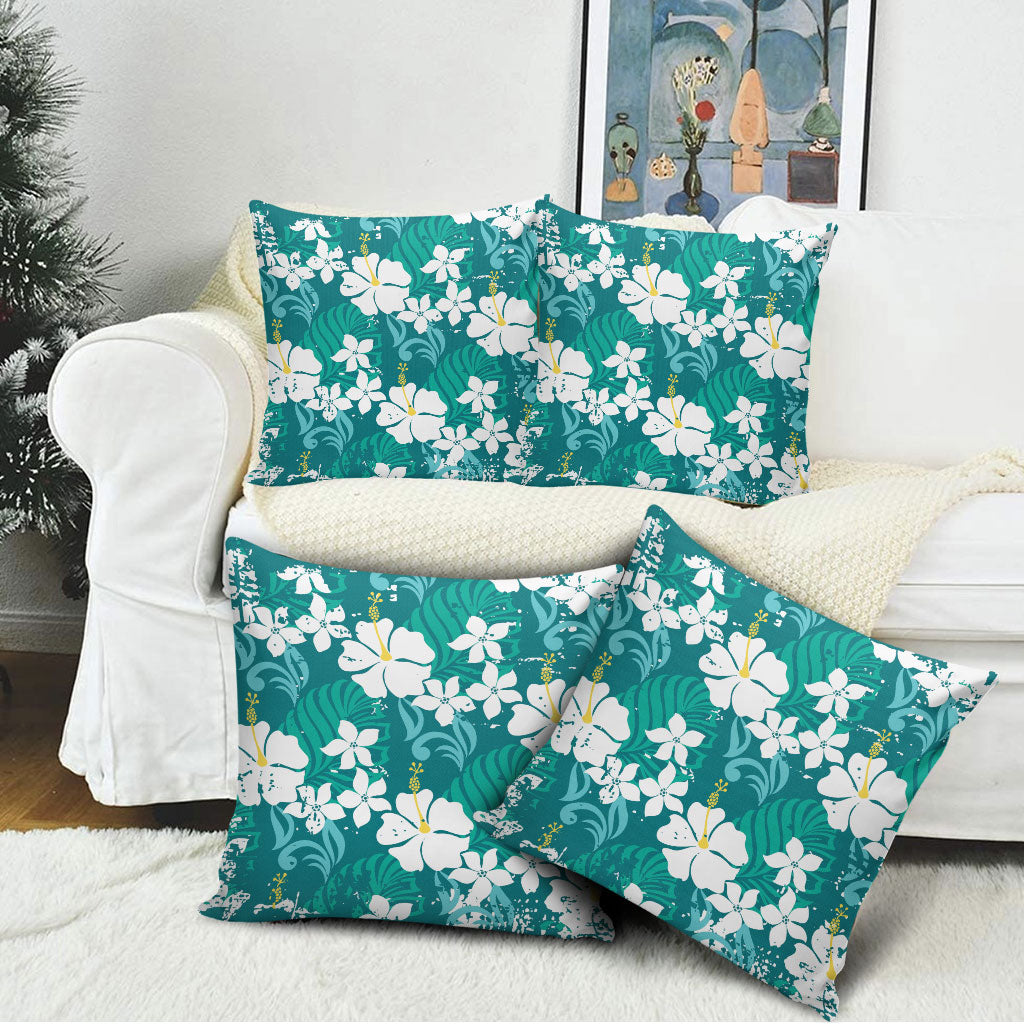 Teal Hawaiian Hibiscus Monstera Pillow Cover Grunge Stylized LT01 - Polynesian Pride