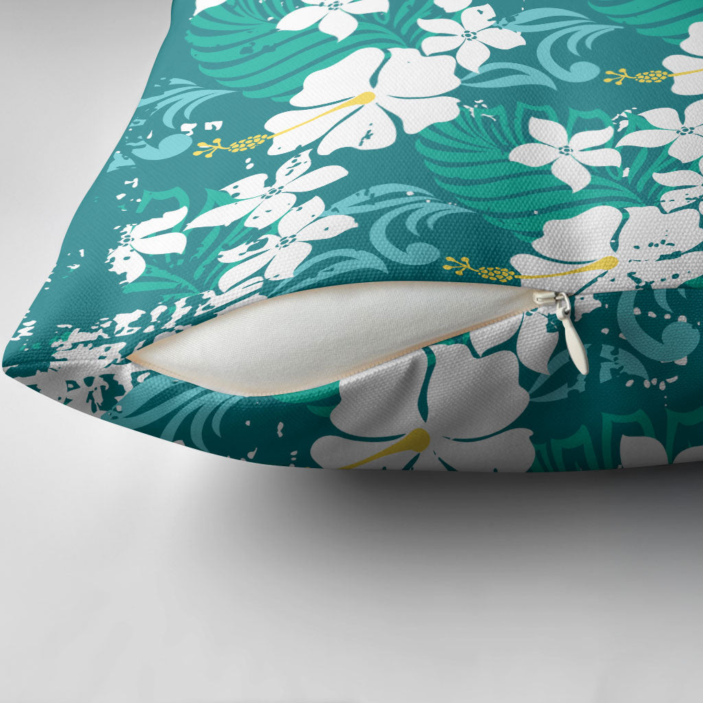 Teal Hawaiian Hibiscus Monstera Pillow Cover Grunge Stylized LT01 - Polynesian Pride