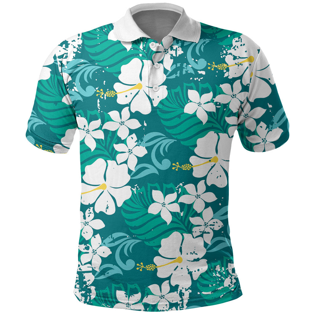 Teal Hawaiian Hibiscus Monstera Polo Shirt Grunge Stylized