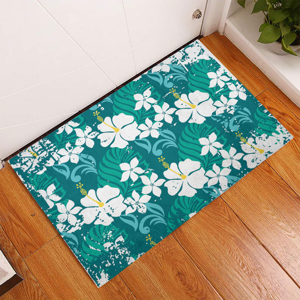 Teal Hawaiian Hibiscus Monstera Rubber Doormat Grunge Stylized LT01 - Polynesian Pride