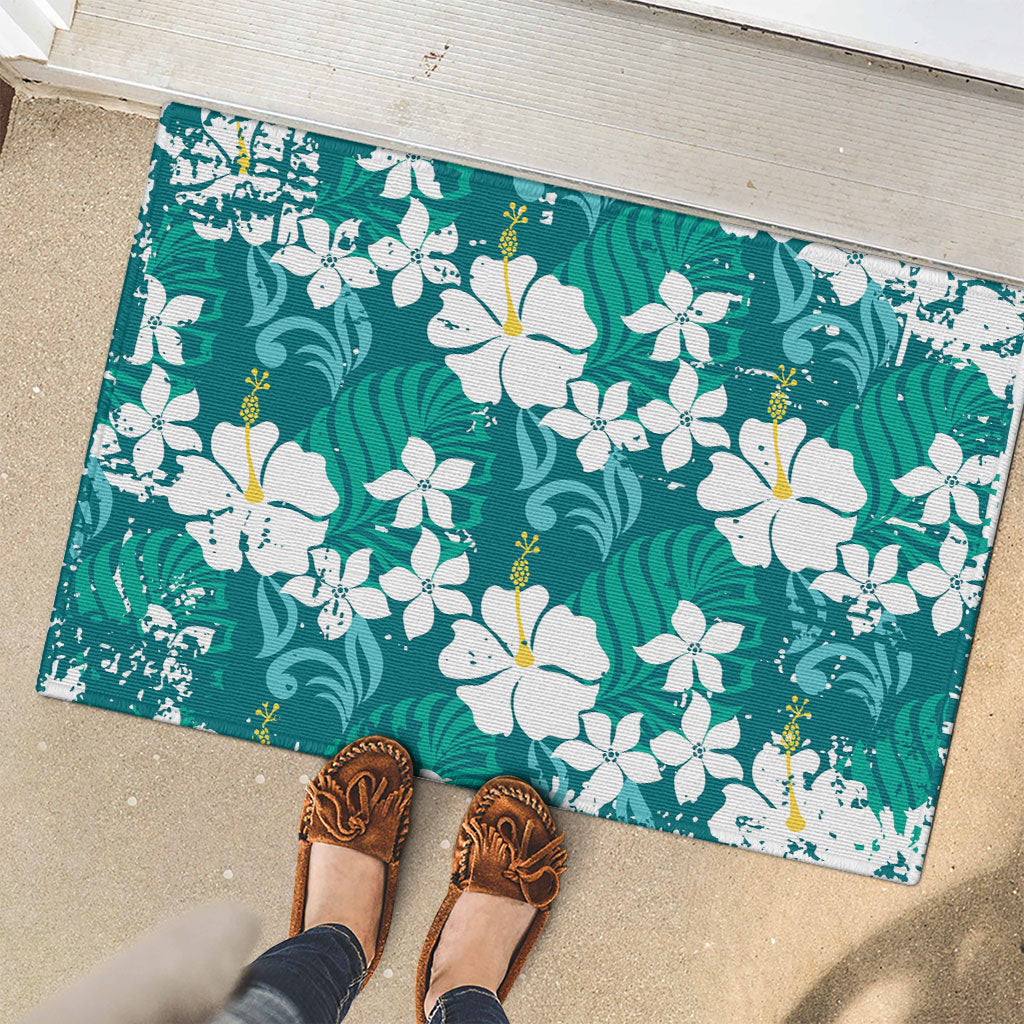Teal Hawaiian Hibiscus Monstera Rubber Doormat Grunge Stylized LT01 - Polynesian Pride