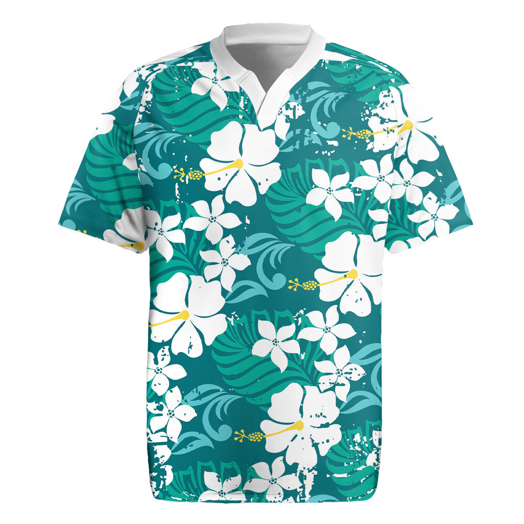 Teal Hawaiian Hibiscus Monstera Rugby Jersey Grunge Stylized LT01 Teal - Polynesian Pride