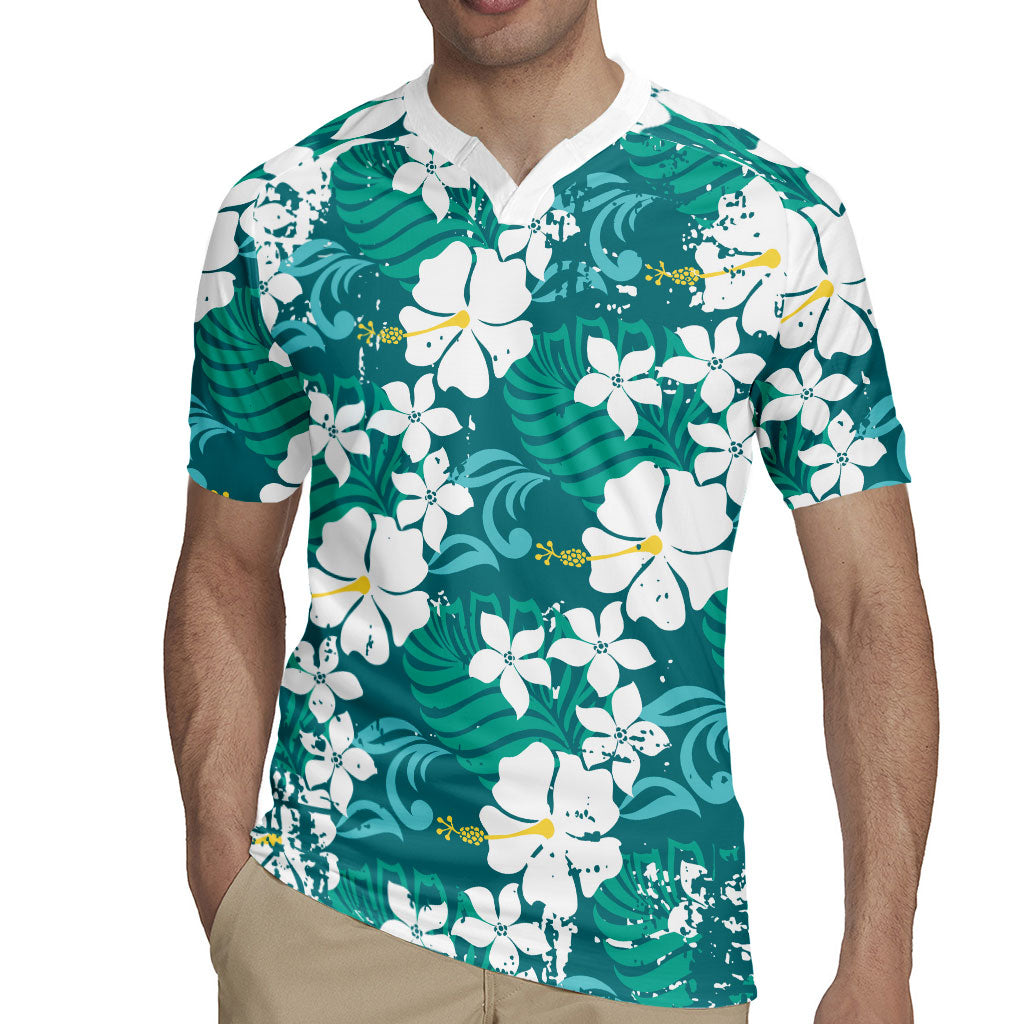 Teal Hawaiian Hibiscus Monstera Rugby Jersey Grunge Stylized LT01 - Polynesian Pride
