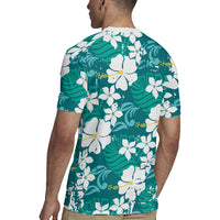 Teal Hawaiian Hibiscus Monstera Rugby Jersey Grunge Stylized LT01 - Polynesian Pride