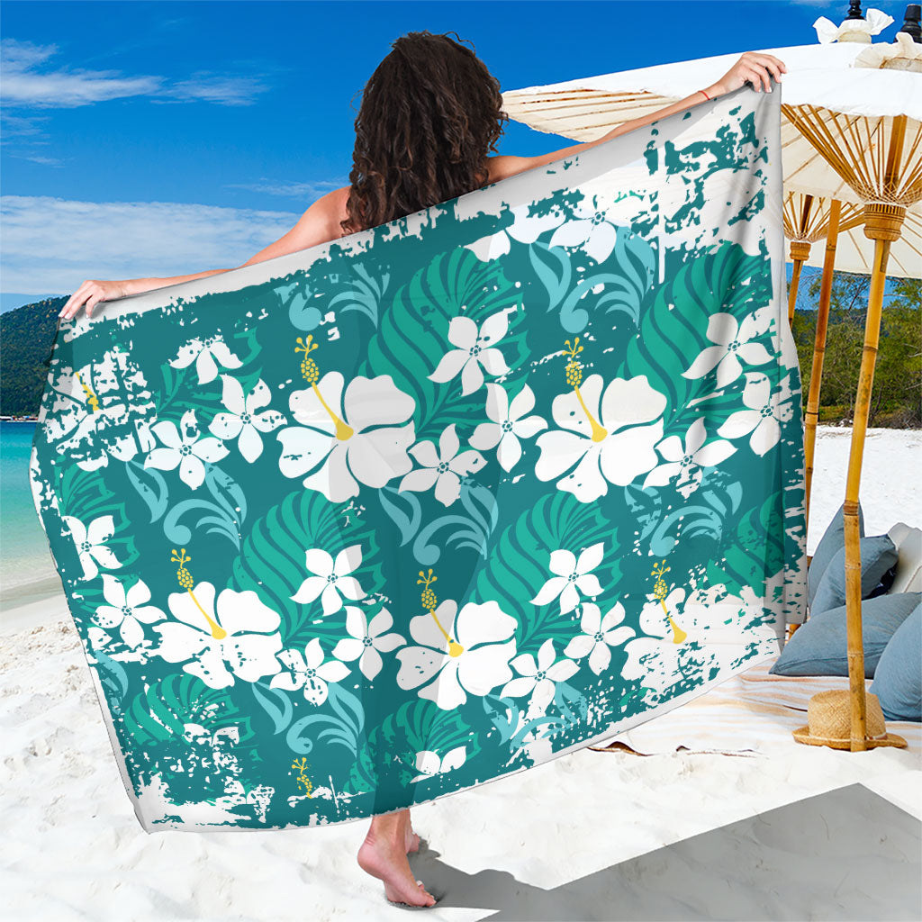 Teal Hawaiian Hibiscus Monstera Sarong Grunge Stylized LT01 One Size 44 x 66 inches Teal - Polynesian Pride