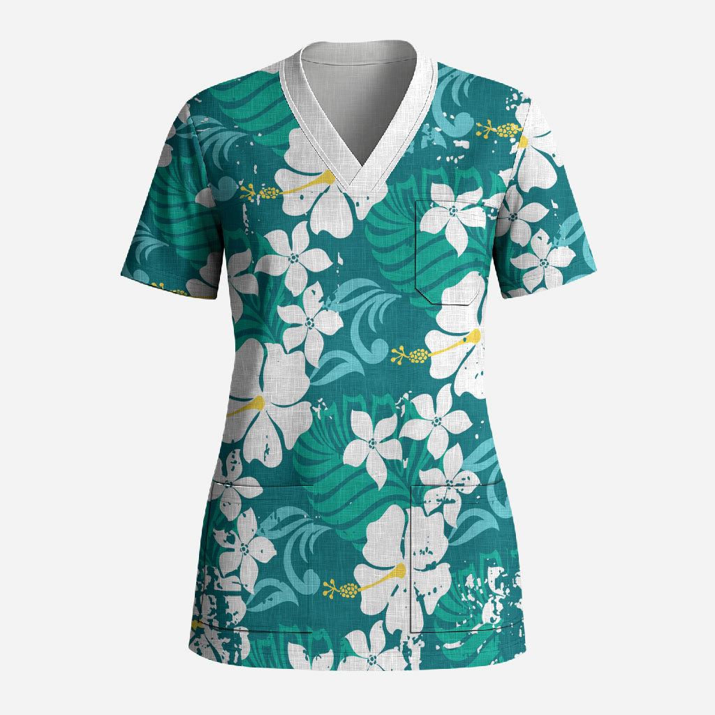 Teal Hawaiian Hibiscus Monstera Scrub Top Grunge Stylized LT01 Adult Teal - Polynesian Pride