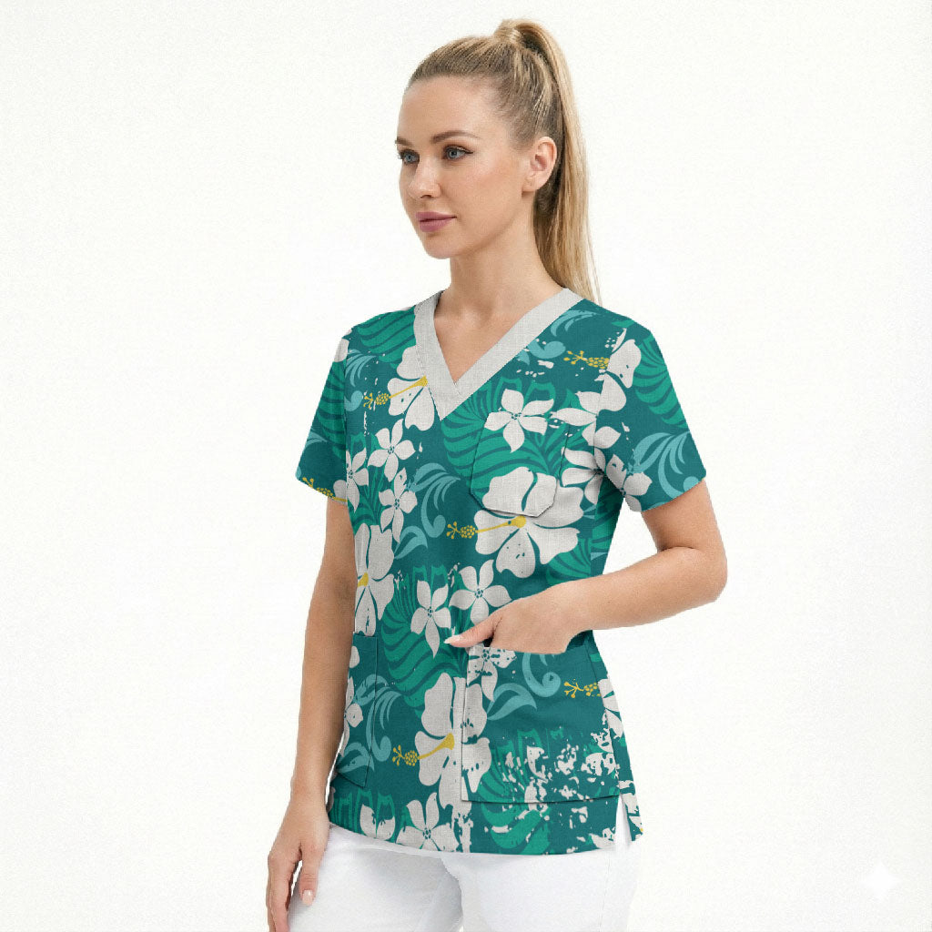 Teal Hawaiian Hibiscus Monstera Scrub Top Grunge Stylized LT01 - Polynesian Pride