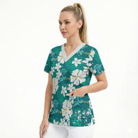 Teal Hawaiian Hibiscus Monstera Scrub Top Grunge Stylized LT01 - Polynesian Pride