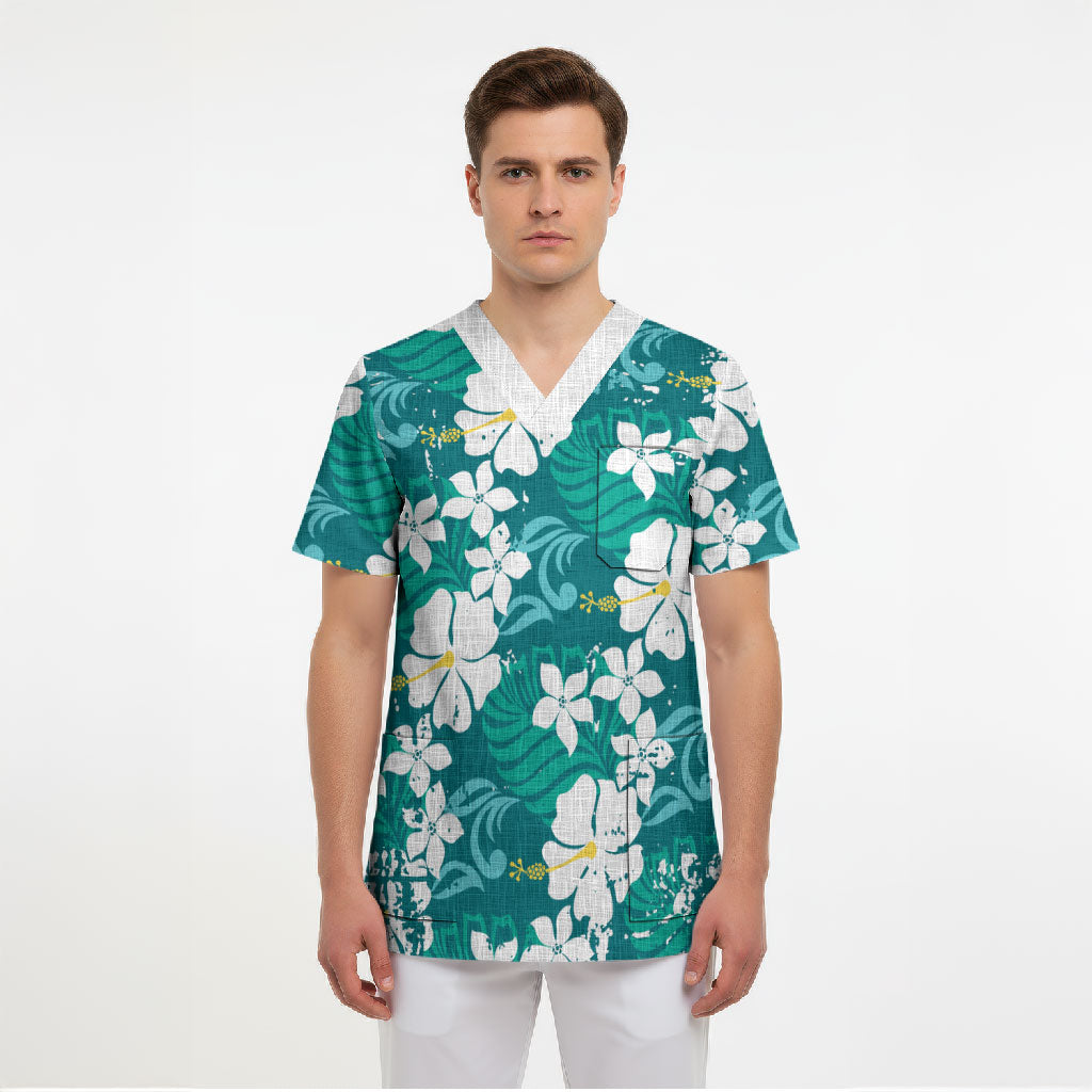 Teal Hawaiian Hibiscus Monstera Scrub Top Grunge Stylized LT01 - Polynesian Pride