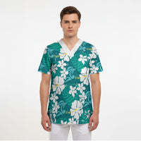 Teal Hawaiian Hibiscus Monstera Scrub Top Grunge Stylized LT01 - Polynesian Pride
