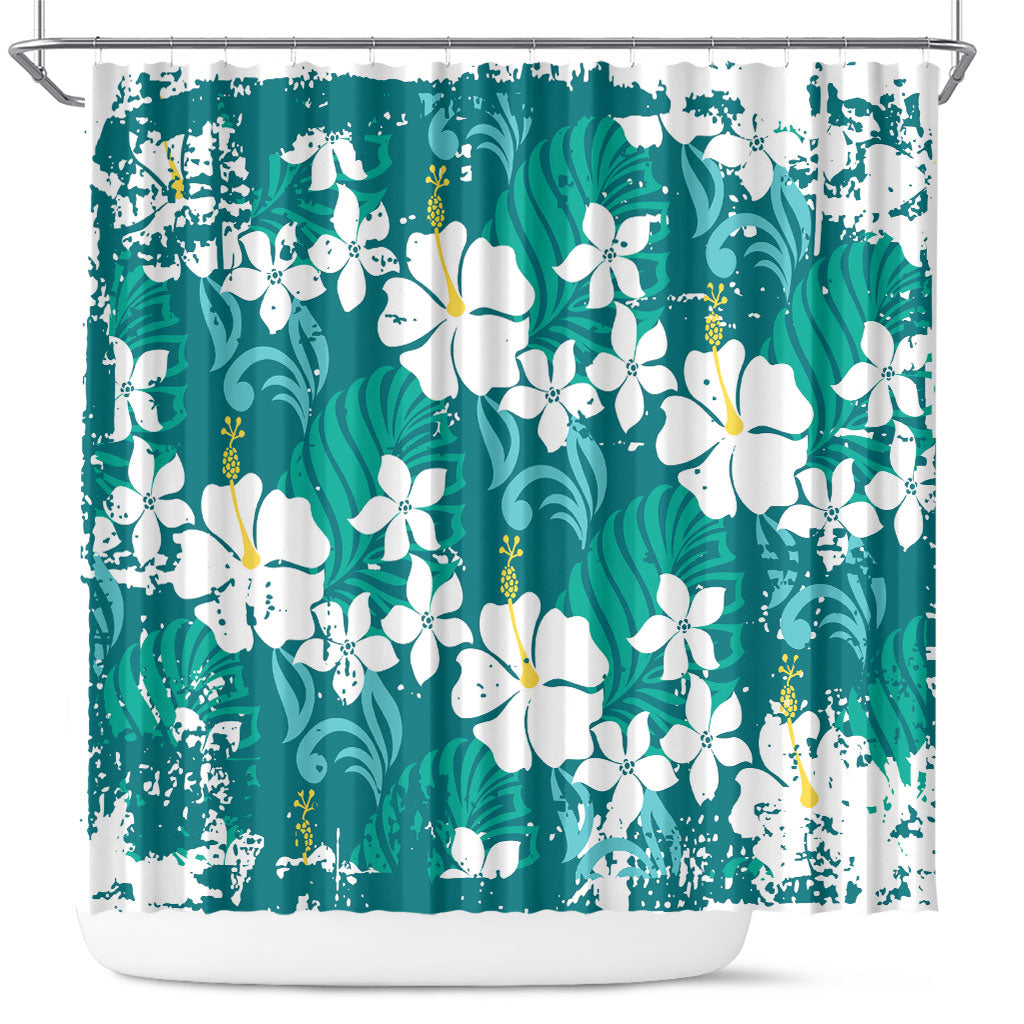 Teal Hawaiian Hibiscus Monstera Shower Curtain Grunge Stylized LT01 Teal - Polynesian Pride