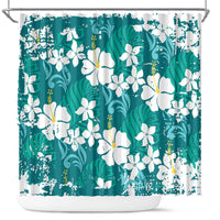 Teal Hawaiian Hibiscus Monstera Shower Curtain Grunge Stylized LT01 Teal - Polynesian Pride