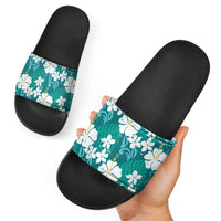 Teal Hawaiian Hibiscus Monstera Slide Sandals Grunge Stylized LT01 - Polynesian Pride