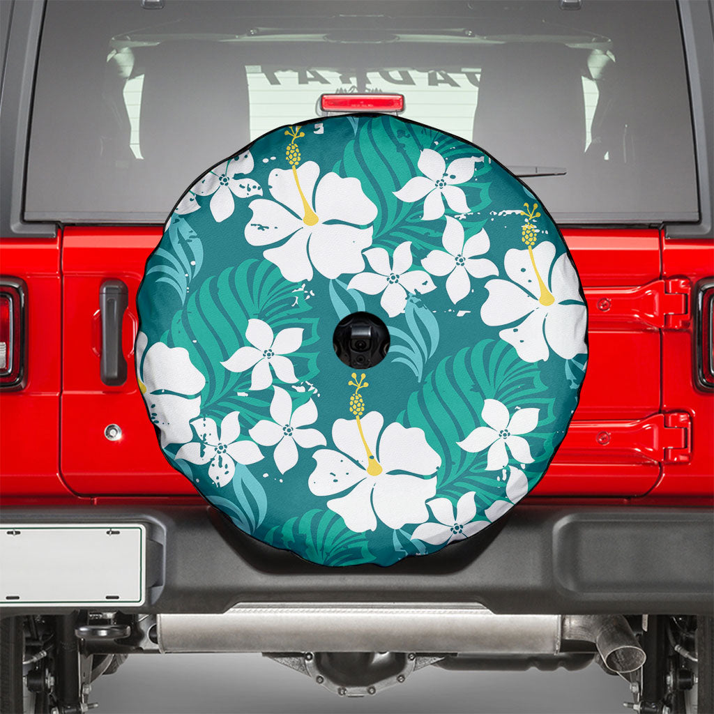 Teal Hawaiian Hibiscus Monstera Spare Tire Cover Grunge Stylized LT01 - Polynesian Pride