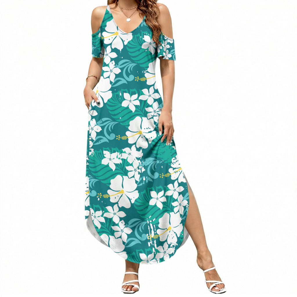 Teal Hawaiian Hibiscus Monstera Summer Maxi Dress Grunge Stylized LT01 Women Teal - Polynesian Pride
