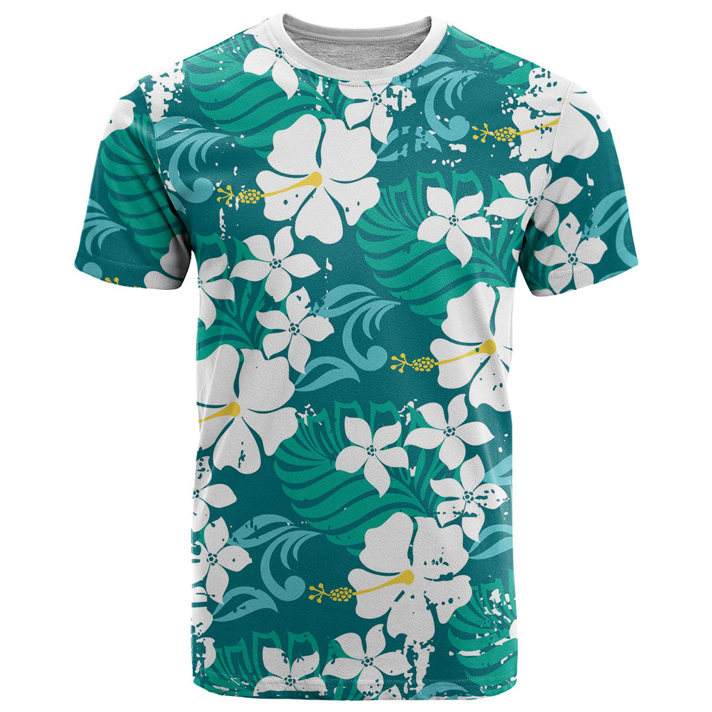 Teal Hawaiian Hibiscus Monstera T Shirt Grunge Stylized LT01 Teal - Polynesian Pride