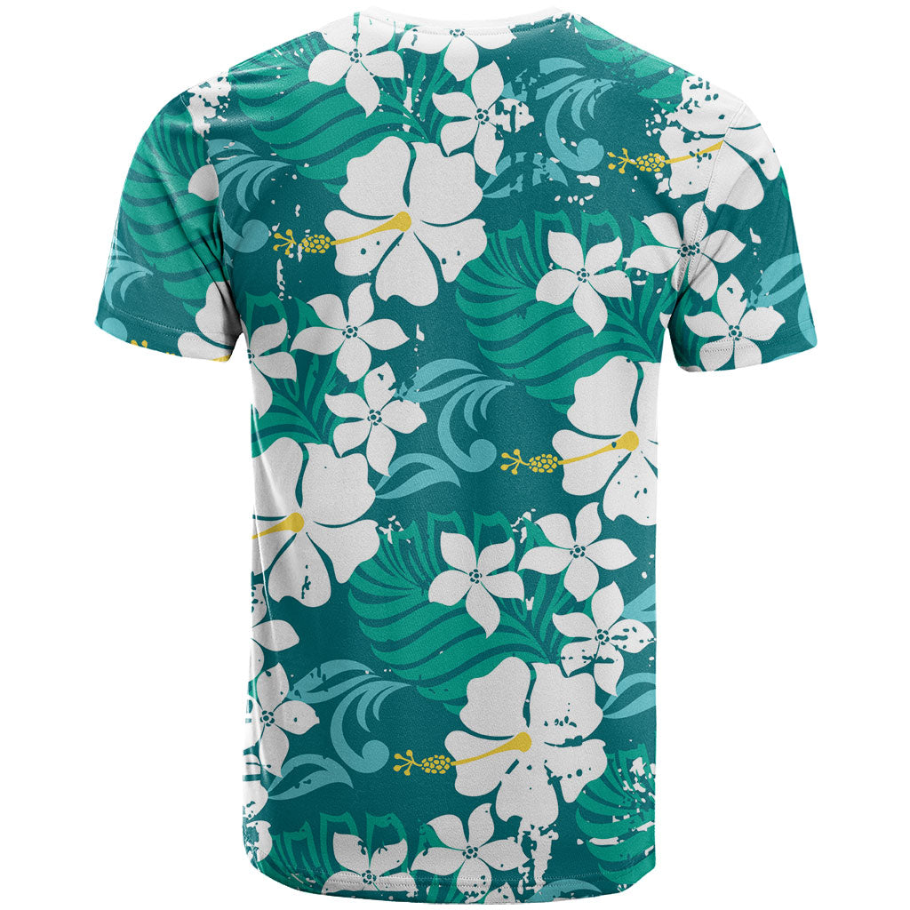 Teal Hawaiian Hibiscus Monstera T Shirt Grunge Stylized LT01 - Polynesian Pride