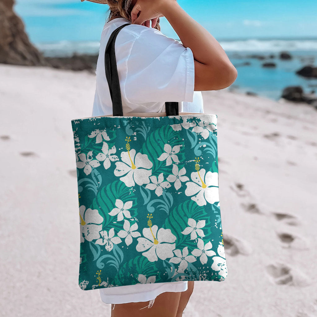 Teal Hawaiian Hibiscus Monstera Tote Bag Grunge Stylized LT01 - Polynesian Pride