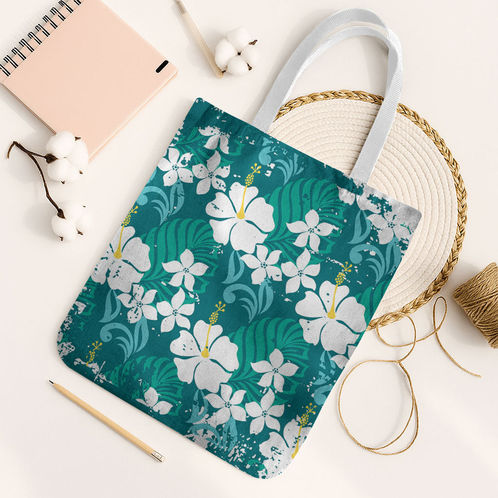 Teal Hawaiian Hibiscus Monstera Tote Bag Grunge Stylized LT01 White Strap One Size Teal - Polynesian Pride