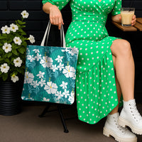 Teal Hawaiian Hibiscus Monstera Tote Bag Grunge Stylized LT01 - Polynesian Pride
