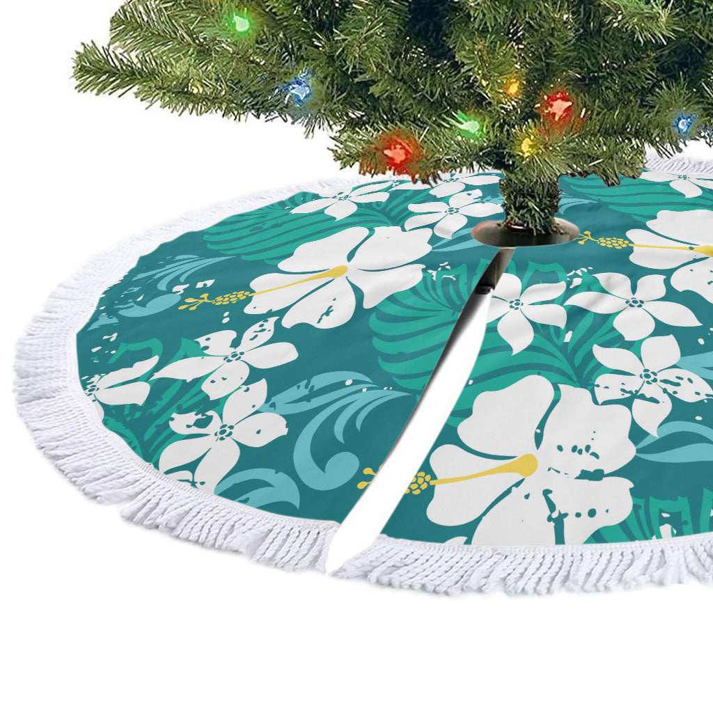 Teal Hawaiian Hibiscus Monstera Tree Skirt Grunge Stylized LT01 - Polynesian Pride