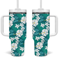 Teal Hawaiian Hibiscus Monstera Tumbler With Handle Grunge Stylized LT01 One Size: 40 oz Teal - Polynesian Pride