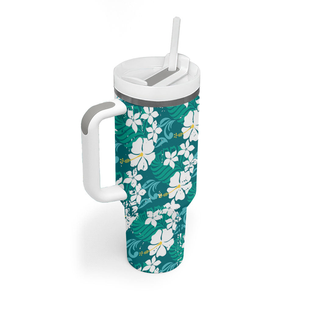 Teal Hawaiian Hibiscus Monstera Tumbler With Handle Grunge Stylized LT01 - Polynesian Pride