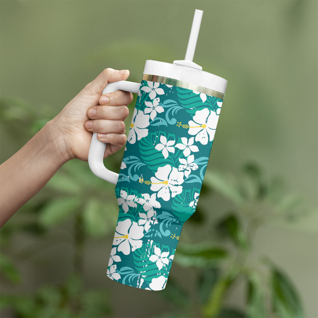 Teal Hawaiian Hibiscus Monstera Tumbler With Handle Grunge Stylized LT01 - Polynesian Pride