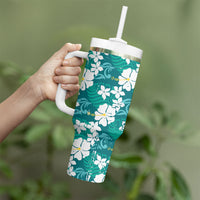 Teal Hawaiian Hibiscus Monstera Tumbler With Handle Grunge Stylized LT01 - Polynesian Pride