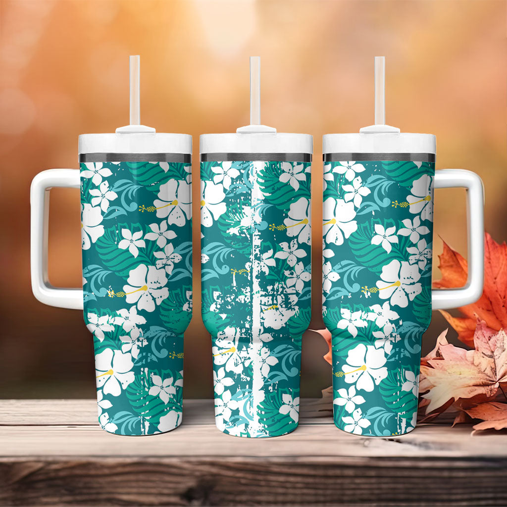 Teal Hawaiian Hibiscus Monstera Tumbler With Handle Grunge Stylized LT01 - Polynesian Pride