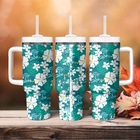 Teal Hawaiian Hibiscus Monstera Tumbler With Handle Grunge Stylized LT01 - Polynesian Pride
