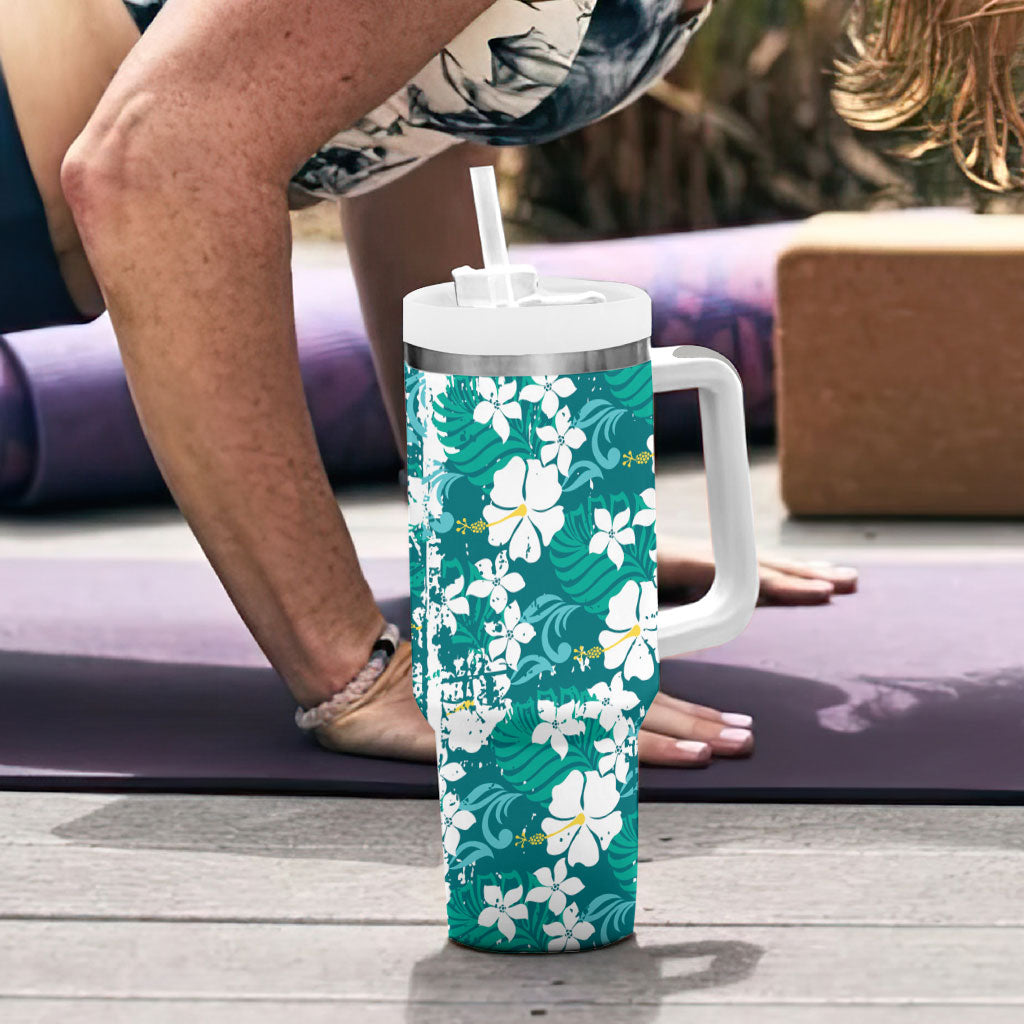 Teal Hawaiian Hibiscus Monstera Tumbler With Handle Grunge Stylized LT01 - Polynesian Pride