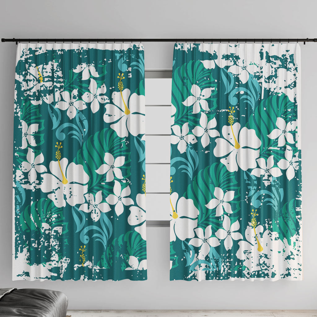 Teal Hawaiian Hibiscus Monstera Window Curtain Grunge Stylized LT01 With Hooks Teal - Polynesian Pride
