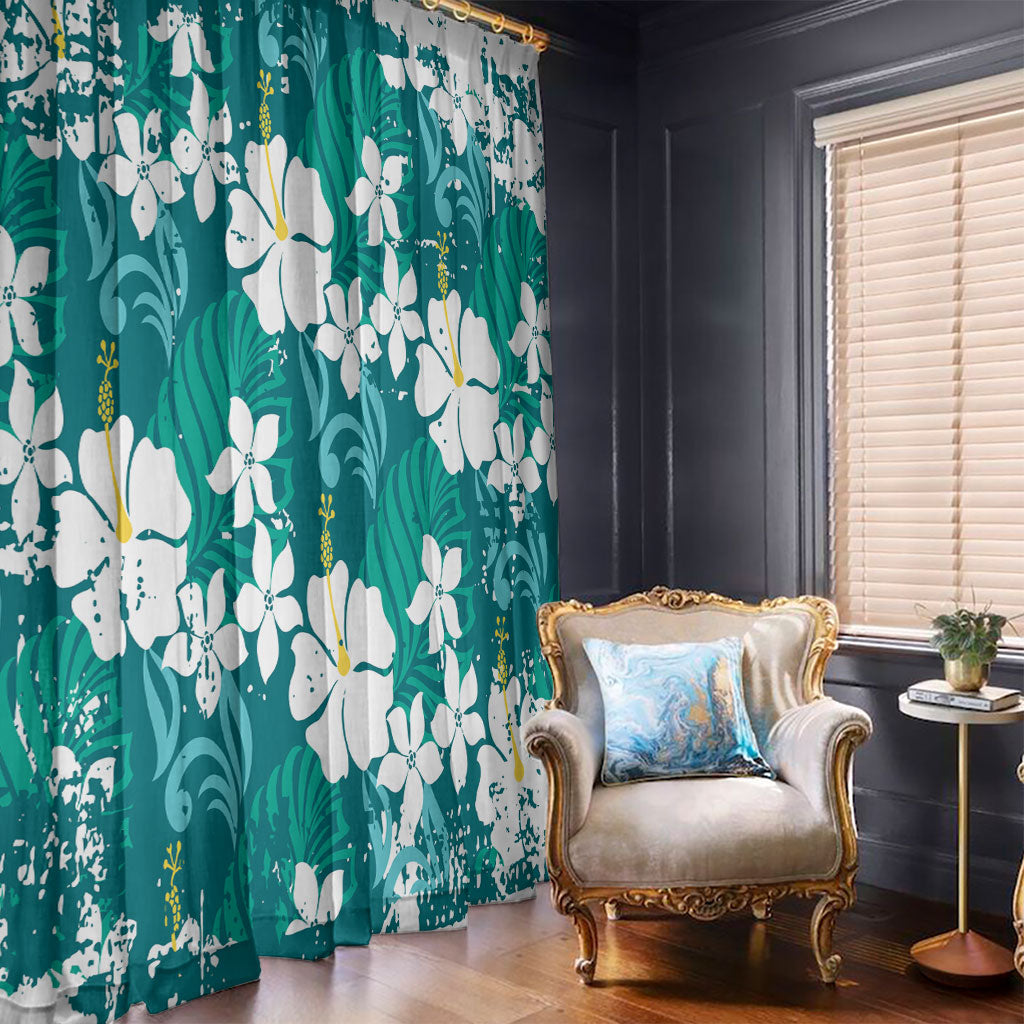 Teal Hawaiian Hibiscus Monstera Window Curtain Grunge Stylized LT01 - Polynesian Pride