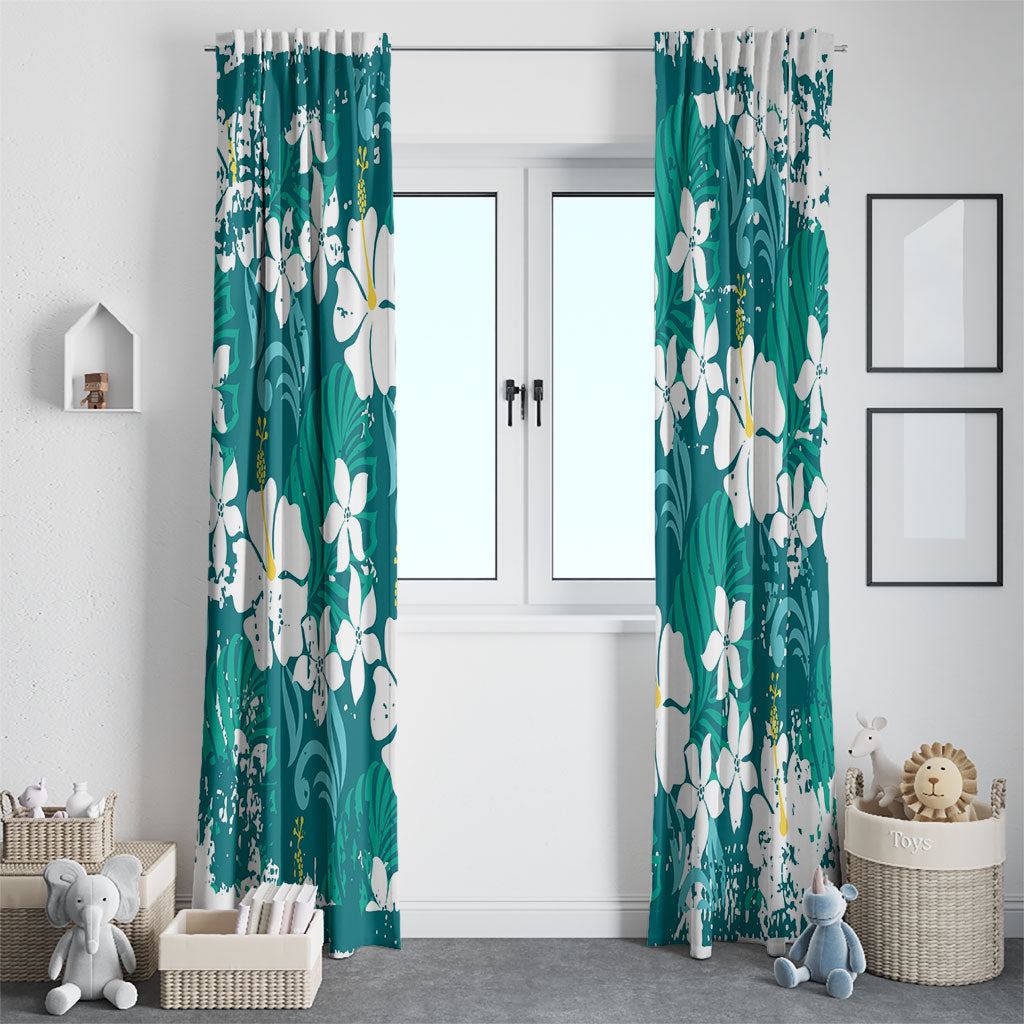 Teal Hawaiian Hibiscus Monstera Window Curtain Grunge Stylized LT01 - Polynesian Pride