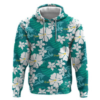 Teal Hawaiian Hibiscus Monstera Zip Hoodie Grunge Stylized LT01 Pullover Hoodie Teal - Polynesian Pride