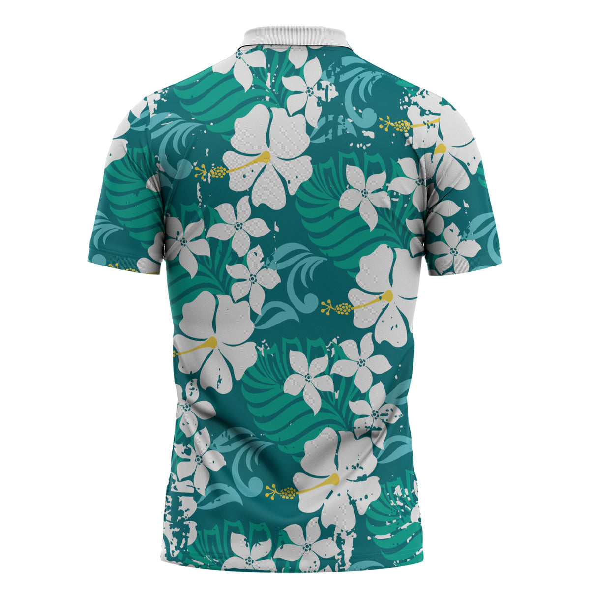 Teal Hawaiian Hibiscus Monstera Zipper Polo Shirt Grunge Stylized LT01 - Polynesian Pride